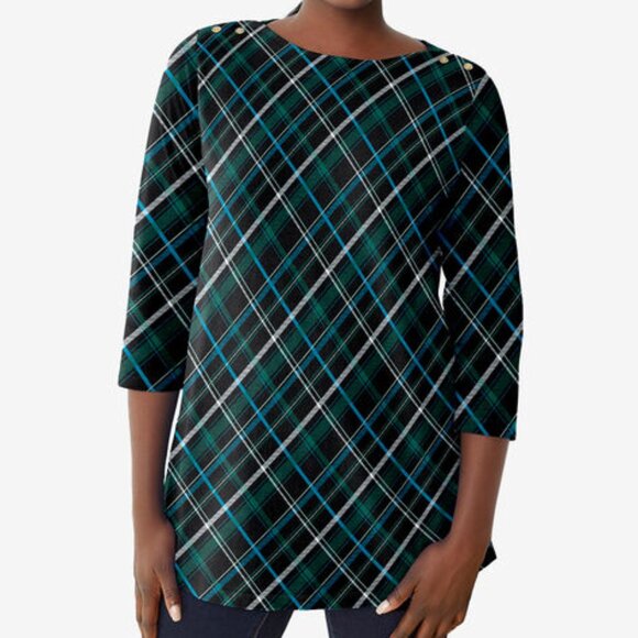 Jessica London Boatneck Tunic Dk Navy/Green Plaid Plus 5X-6X NWT - Picture 1 of 4